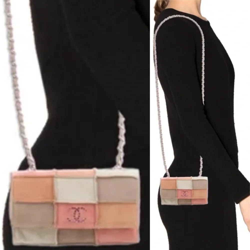 AUTH CHANEL PATCHWORK SUEDE MINI BAG CRYSTAL CC SILVER CHAIN RARE VINTAGE BOHO - Picture 4 of 17